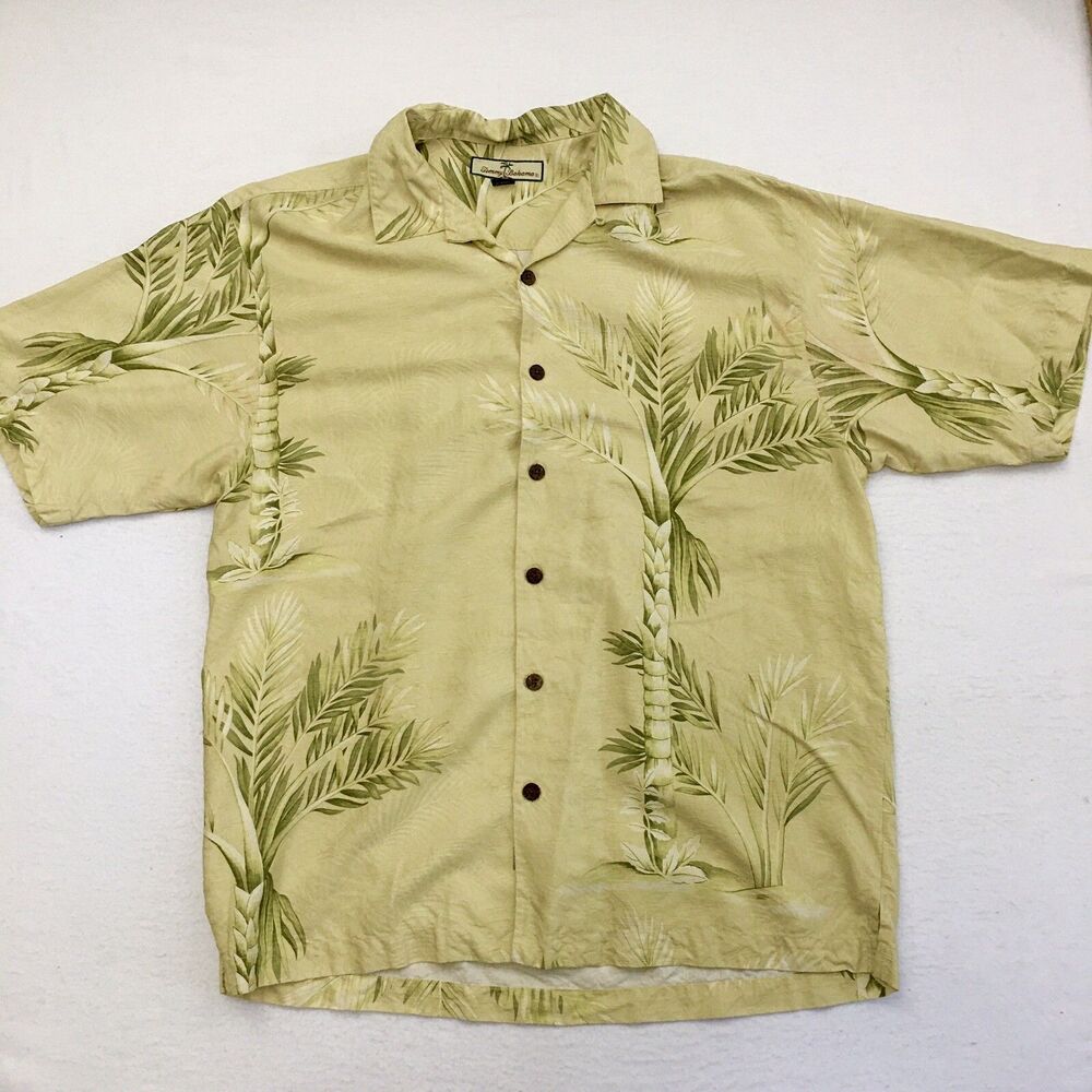 TOMMY BAHAMA Silk Shirt Men M Short Sleeve Button Up Pale Yellow Palm Print